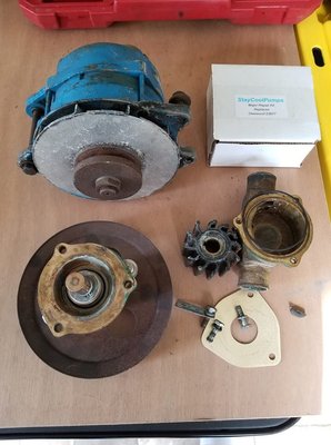 51593496_557635014717764_3450704801531166720_n.jpg (88.17 KiB) Viewed 34616 times Raw Water Pump ready to rebuild and alternator standing by. Likely replace with a 95A and keep this as a spare.
